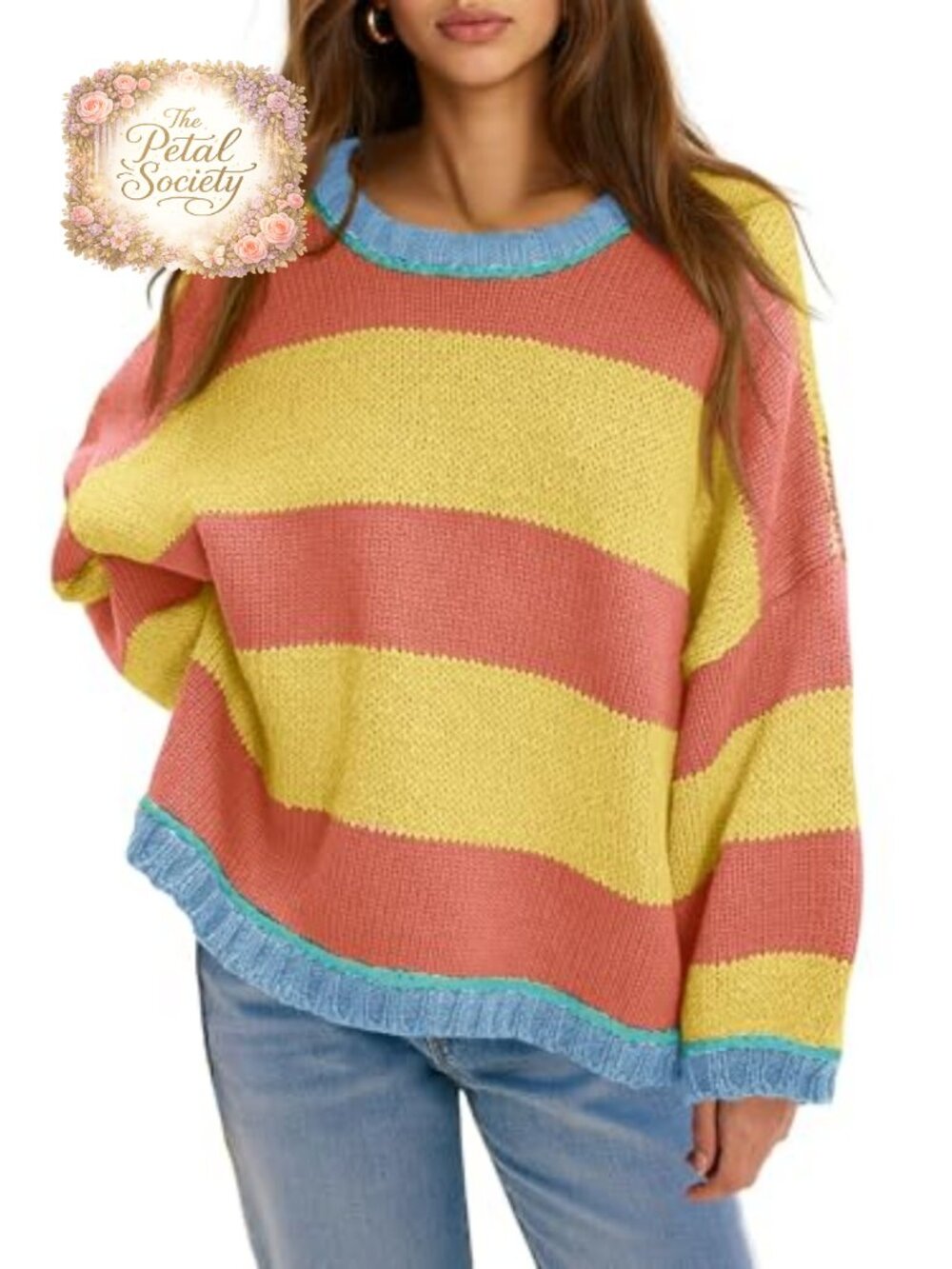 Oversized Striped Color Block Knit Sweater Pullover Crewneck Long Sleeve Loose
